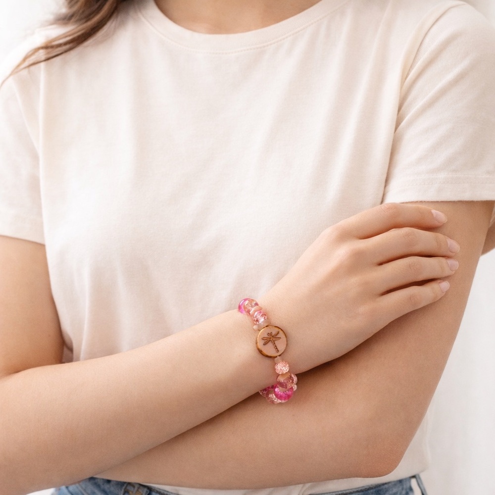 TERRA GEMMS Studio Series Peach Aventurine & Dragonfly Pink Stretch Bracelet - Picture 2 of 5